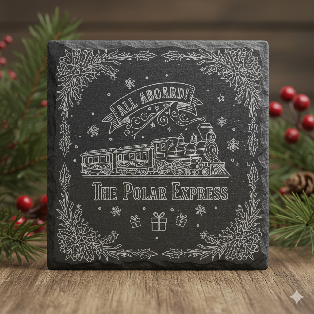 Decorative slate with 'All Aboard! The Polar Express' design on a wooden surface with Christmas decorations.