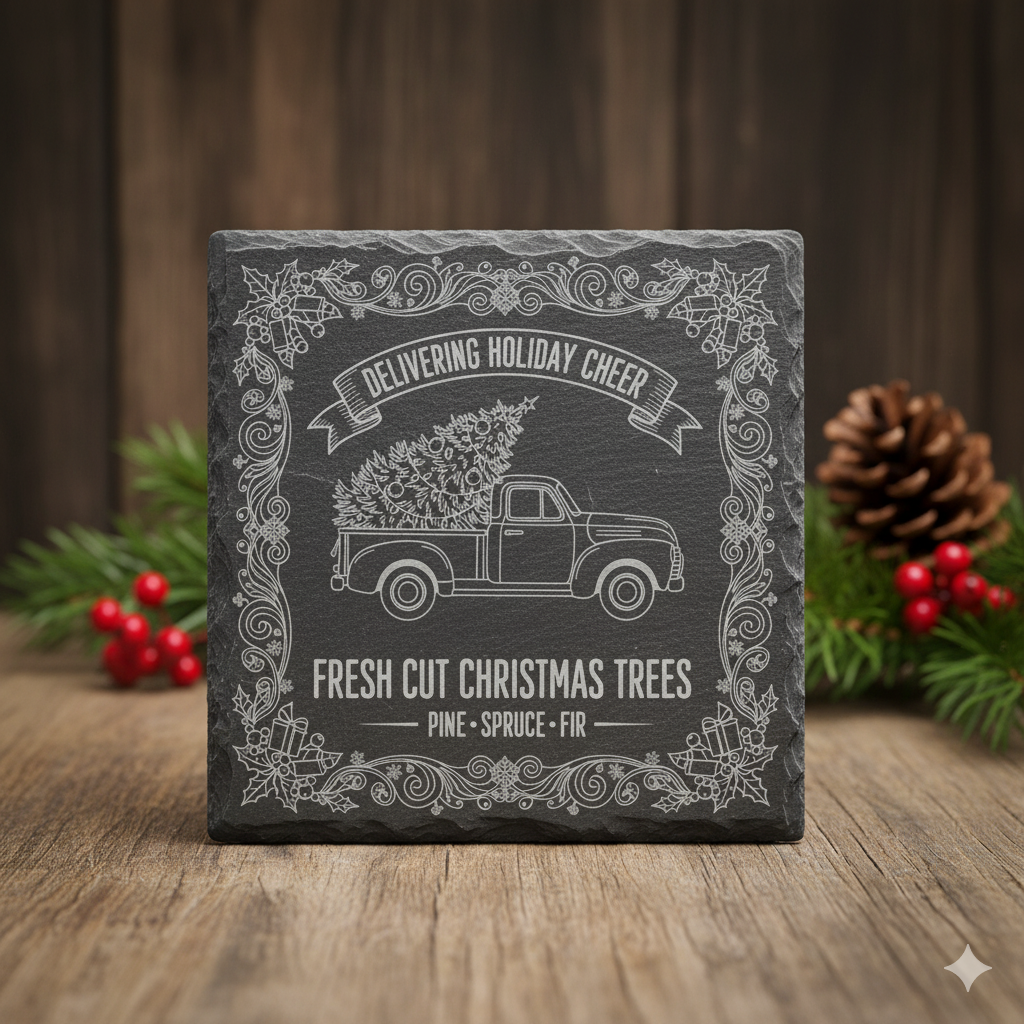 Decorative slate sign with Christmas tree delivery truck design on a wooden surface with festive decorations.