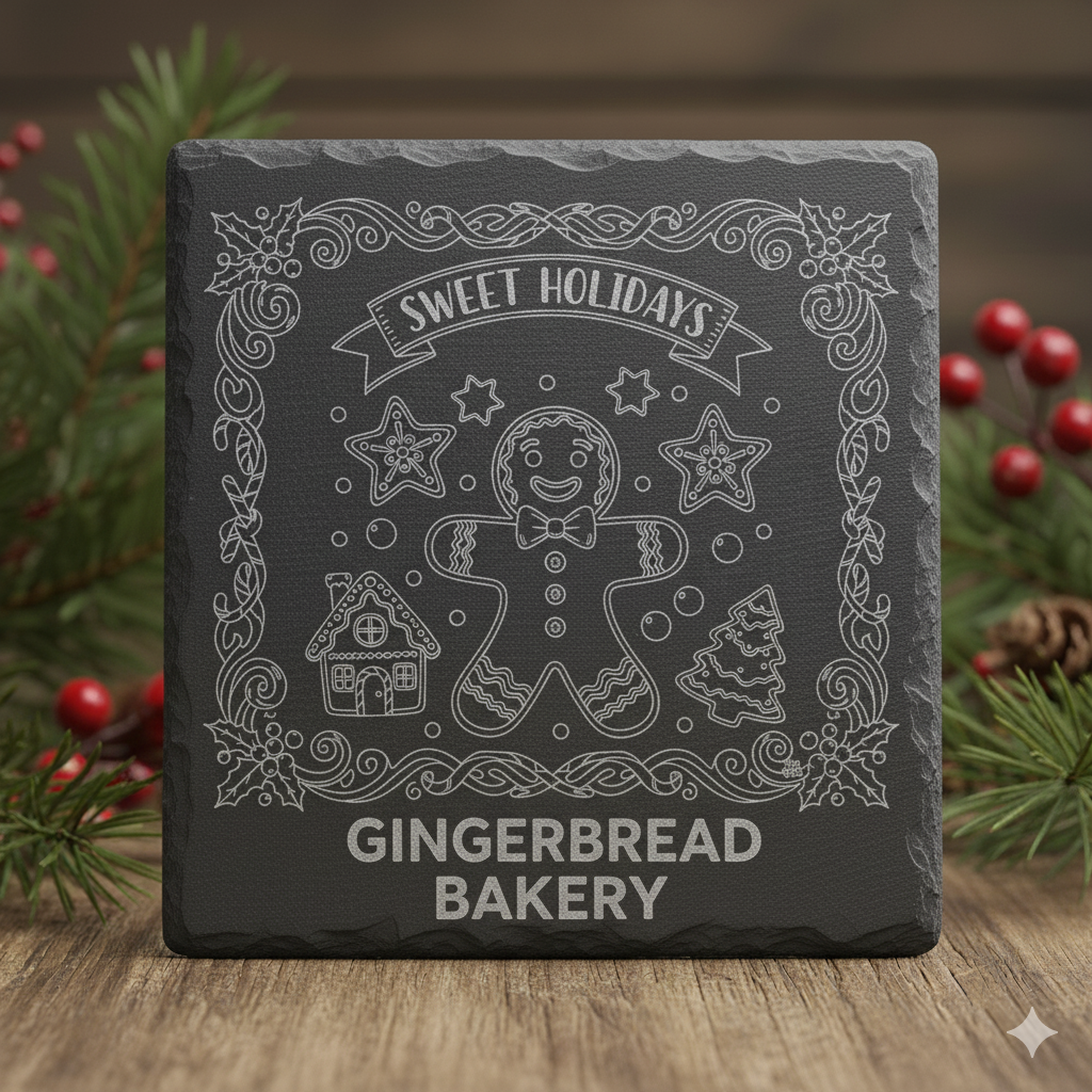 Laser Engraved Holiday Slate Coasters | Set of 4 Christmas Drink Mats