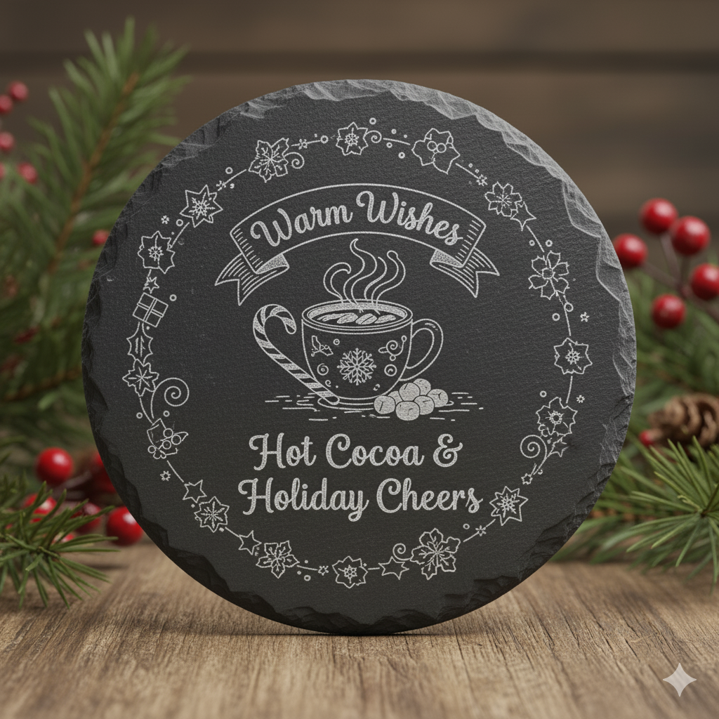 Round slate coaster with 'Warm Wishes Hot Cocoa & Holiday Cheers' text and graphics, surrounded by Christmas decorations.