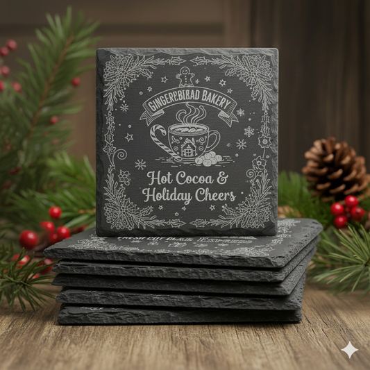 Set of black slate coasters with festive design and text, surrounded by Christmas decorations.