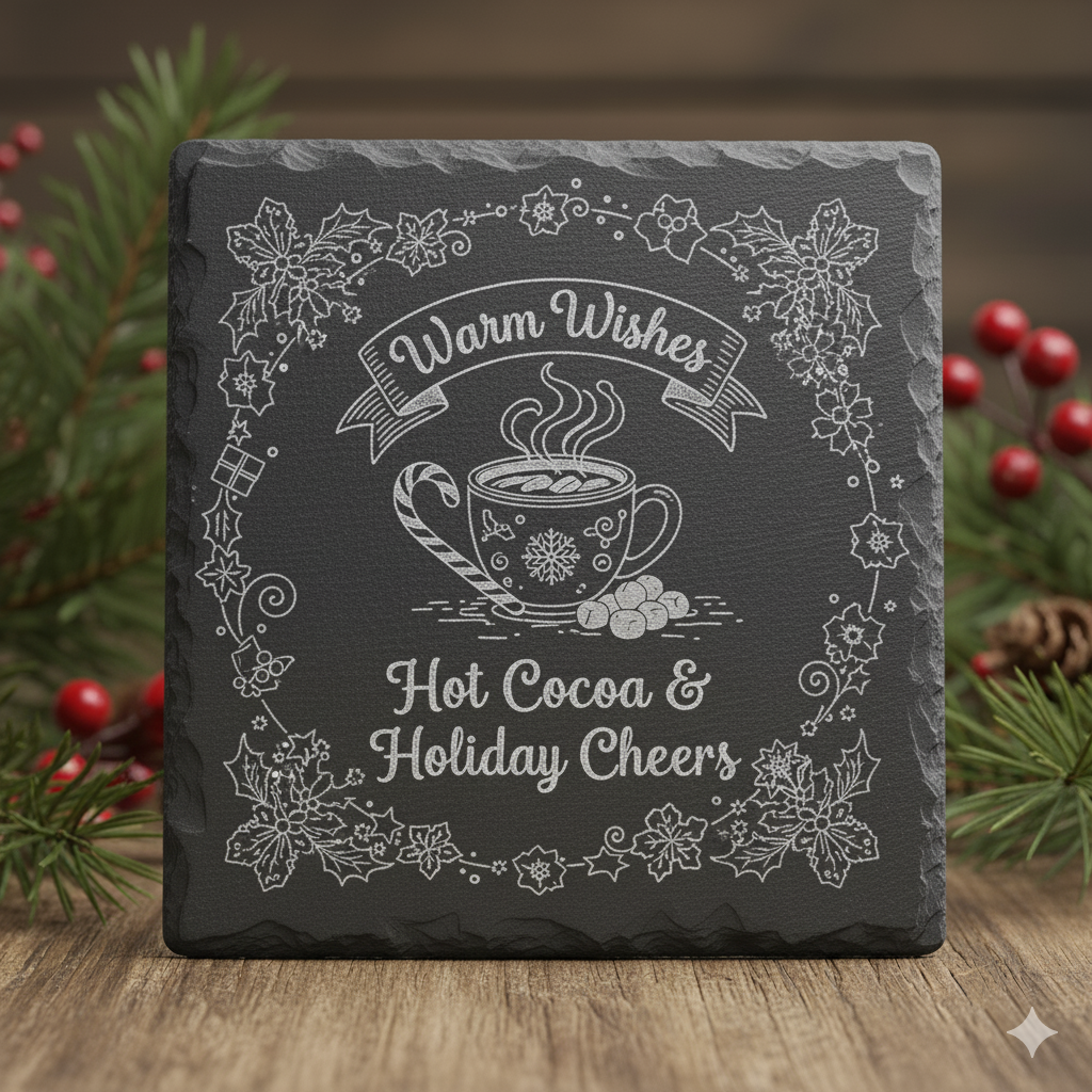 Decorative slate with 'Warm Wishes Hot Cocoa & Holiday Cheers' text and illustrations on a wooden surface with Christmas decorations.