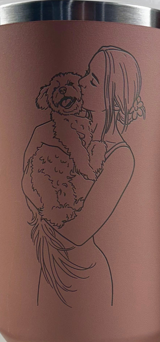 Pink travel mug with a engraved design of a couple hugging on a white surface.